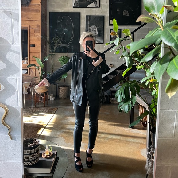 Mango faux leather moto jacket w/ pink satin lining - Picture 2 of 10